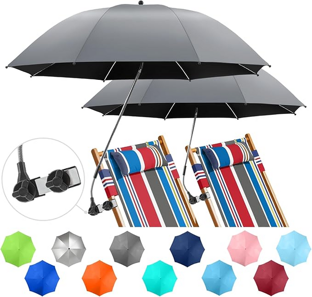 2 PACK Beach Umbrella with Clamp, 360 ° Adjustable Umbrellas for Chair, UPF50+ Umbrella for Beach Chair, Patio Chair, Wheelchair, Camping Chair, Golf Carts (Grey, Chair Not Included)