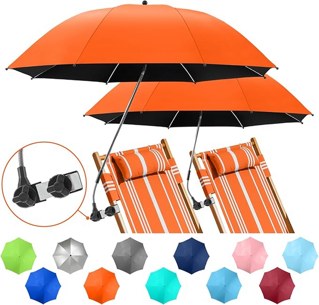 2 PACK Beach Umbrella with Clamp, 360 ° Adjustable Umbrellas for Chair, UPF50+ Umbrella for Beach Chair, Patio Chair, Wheelchair, Camping Chair, Golf Carts (Orange, Chair Not Included)