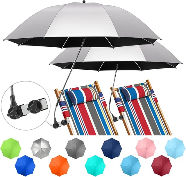 2 PACK Beach Umbrella with Clamp, 360 ° Adjustable Umbrellas for Chair, UPF50+ Umbrella for Beach Chair, Patio Chair, Wheelchair, Camping Chair, Golf Carts (Silvery, Chair Not Included)