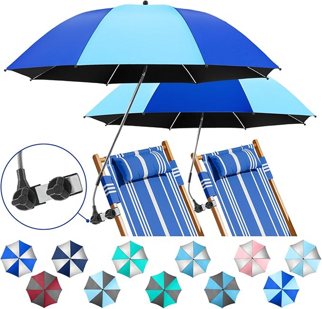 2 PACK Beach Umbrella with Clamp, 360 ° Adjustable Umbrellas for Chair, UPF50+ Umbrella for Beach Chair, Patio Chair, Wheelchair, Camping Chair, Golf Carts (Blue / Light Blue, Chair Not Included)