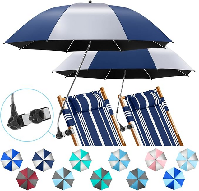 2 PACK Beach Umbrella with Clamp, 360 ° Adjustable Umbrellas for Chair, UPF50+ Umbrella for Beach Chair, Patio Chair, Wheelchair, Camping Chair, Golf Carts (Ink Blue / Silvery, Chair Not Included)