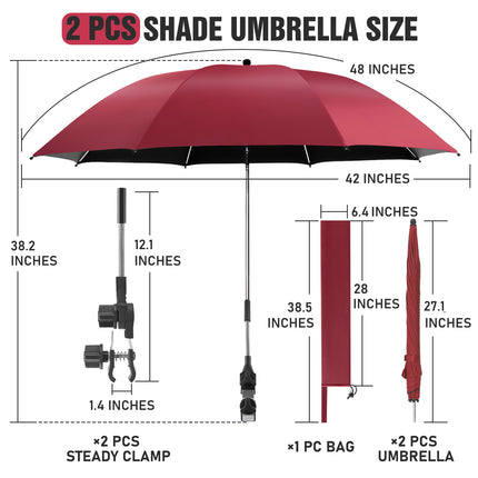 2 PACK Beach Umbrella with Clamp(Wine Red, Chair Not Included)