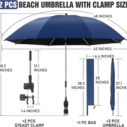 2 PACK Beach Umbrella with Clamp, 360 ° Adjustable Umbrellas for Chair, UPF50+ (Ink Blue, Chair Not Included)