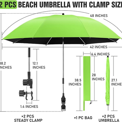 2 PACK Beach Umbrella with Clamp(Green, Chair Not Included)