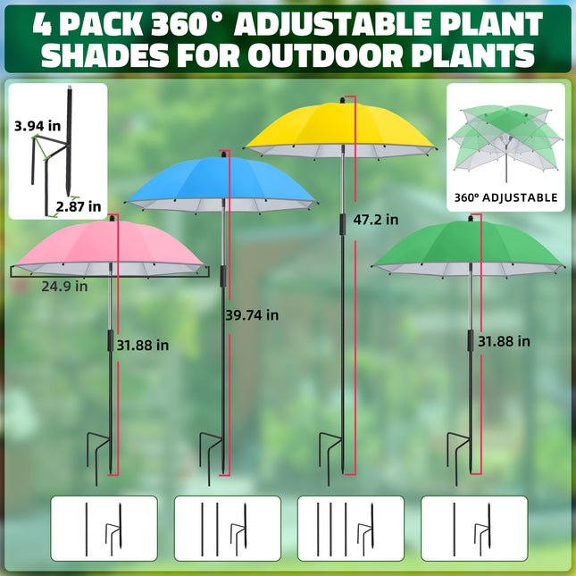 4 Pack 24.9" Plant Umbrellas for Outdoor Plants (Pink, Green, Light blue, Yellow)