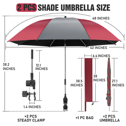 2 PACK Beach Umbrella with Clamp(Grey / Wine Red, Chair Not Included)
