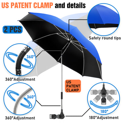 2 PACK Beach Umbrella with Clamp, 360 ° Adjustable Umbrellas for Chair, UPF50+  (Blue, Chair Not Included)