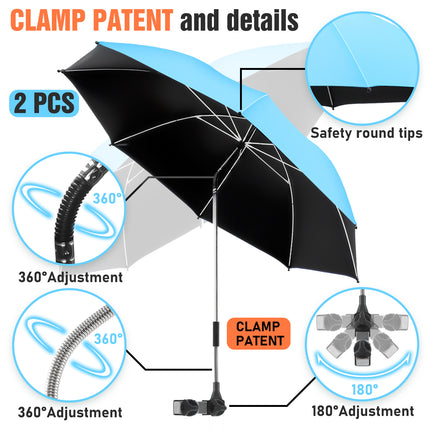 2 PACK Beach Umbrella with Clamp, 360 ° Adjustable Umbrellas for Chair, UPF50+  (Light Blue, Chair Not Included)