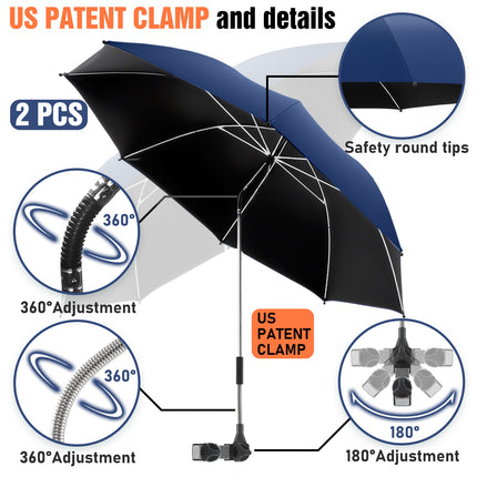 2 PACK Beach Umbrella with Clamp, 360 ° Adjustable Umbrellas for Chair, UPF50+ (Ink Blue, Chair Not Included)