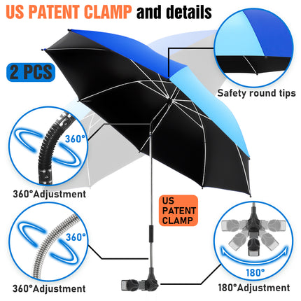 2 PACK Beach Umbrella with Clamp, 360 ° Adjustable Umbrellas for Chair, UPF50+ (Blue / Light Blue, Chair Not Included)