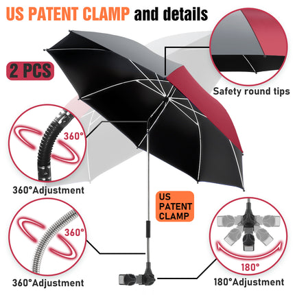2 PACK Beach Umbrella with Clamp(Grey / Wine Red, Chair Not Included)