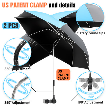 2 PACK Beach Umbrella with Clamp(Light Blue / Grey, Chair Not Included)