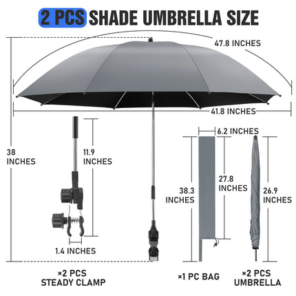 2 PACK Beach Umbrella with Clamp (Grey, Chair Not Included)