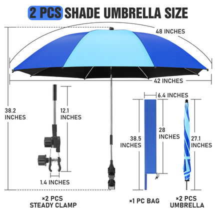 2 PACK Beach Umbrella with Clamp, 360 ° Adjustable Umbrellas for Chair, UPF50+ (Blue / Light Blue, Chair Not Included)