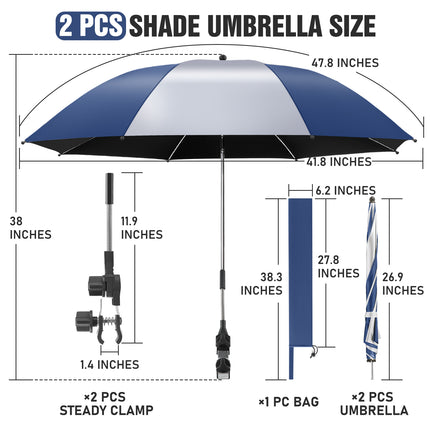 2 PACK Beach Umbrella with Clamp(Ink Blue / Silvery, Chair Not Included)