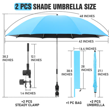 2 PACK Beach Umbrella with Clamp, 360 ° Adjustable Umbrellas for Chair, UPF50+  (Light Blue, Chair Not Included)