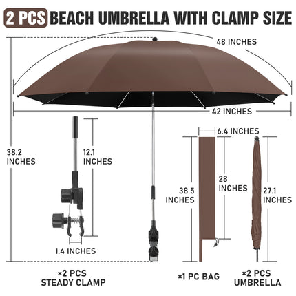 2 PACK Beach Umbrella with Clamp(Coffee, Chair Not Included)