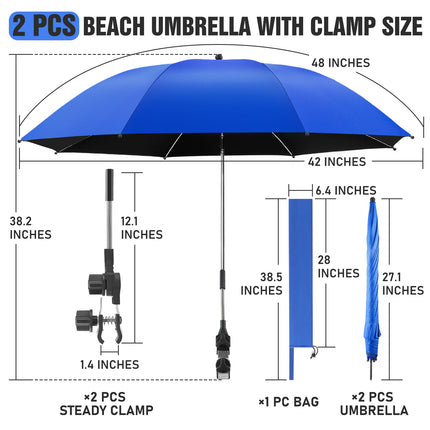 2 PACK Beach Umbrella with Clamp, 360 ° Adjustable Umbrellas for Chair, UPF50+  (Blue, Chair Not Included)